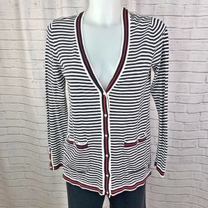 Talbots Embroidered Navy & White Striped Cardigan Sweater Oprah Collection Small